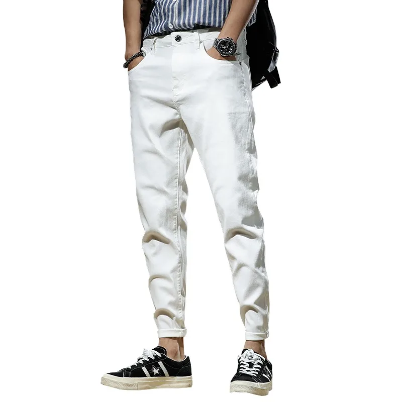 Summer Men Jeans White Pants Streetwear Slim Fit Stretch Denim Trousers Fashion Letter Printed Pantalones Hombre Vaqueros Ropa