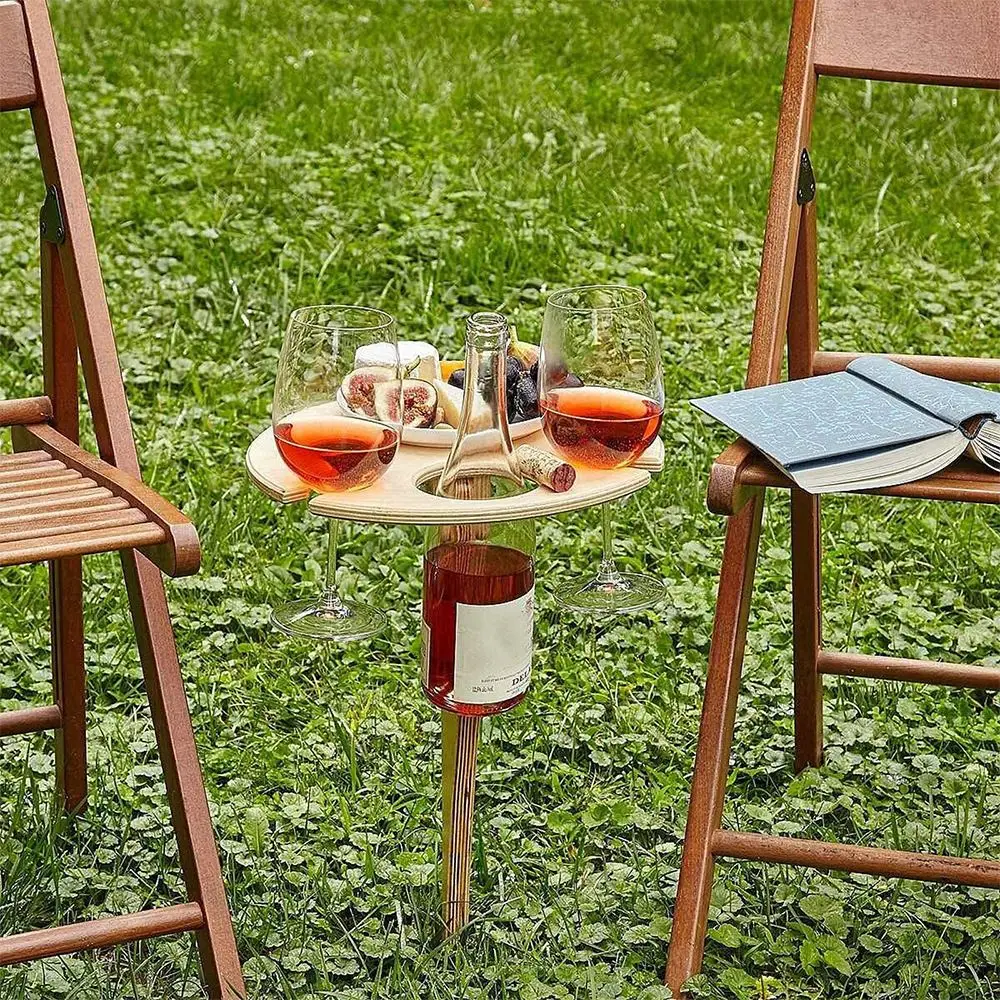 

Foldable Round Desktop with wine cup bottle hole Folding Outdoor Picnic Wine Table Wood Round Desktop Travel drinking supplies