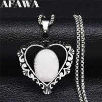 2022 flower heart oval stainless steel pink natural crystal silver color chain necklace womenmen jewelry bijoux n3604s01