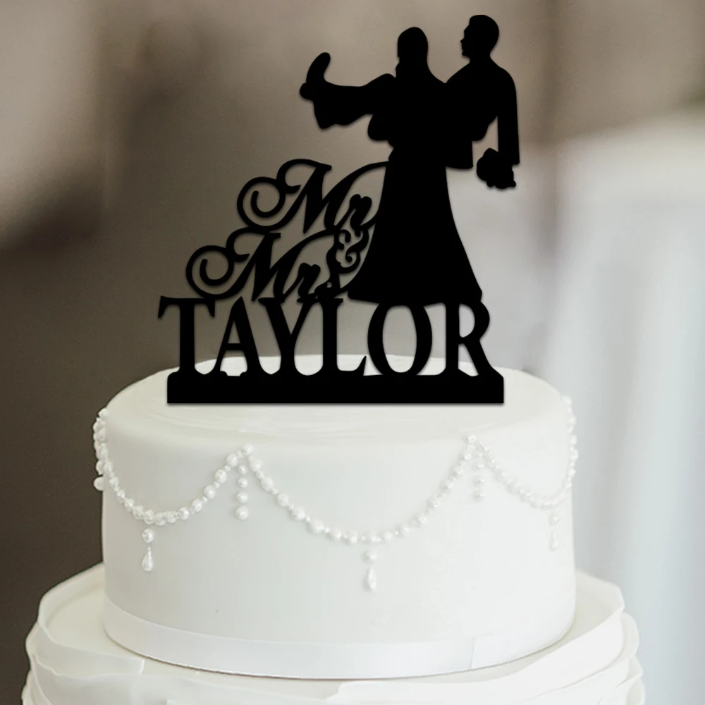 

Funny Bride Groom Wedding Cake Topper,Custom Last Name Cake Decoration Silhouette Cake Topper Mr Mrs Cake Supplies