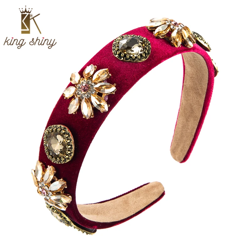 

King Shiny Vintage Baroque Color Crystal Flower Headband Luxury Geometric Gem Diamond Beaded Velvet Hairband Girls Party Crowns