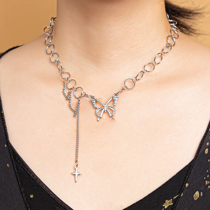 

Punk Rhinestone Crystal Butterfly Choker Necklace Women Silver Chain Pendant Necklace Statement Jewelry Chocker Collier Femme