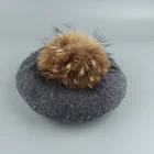 Женский вязаный берет, осенне-весенний шерстяной берет с большим помпоном из натурального меха, 2021