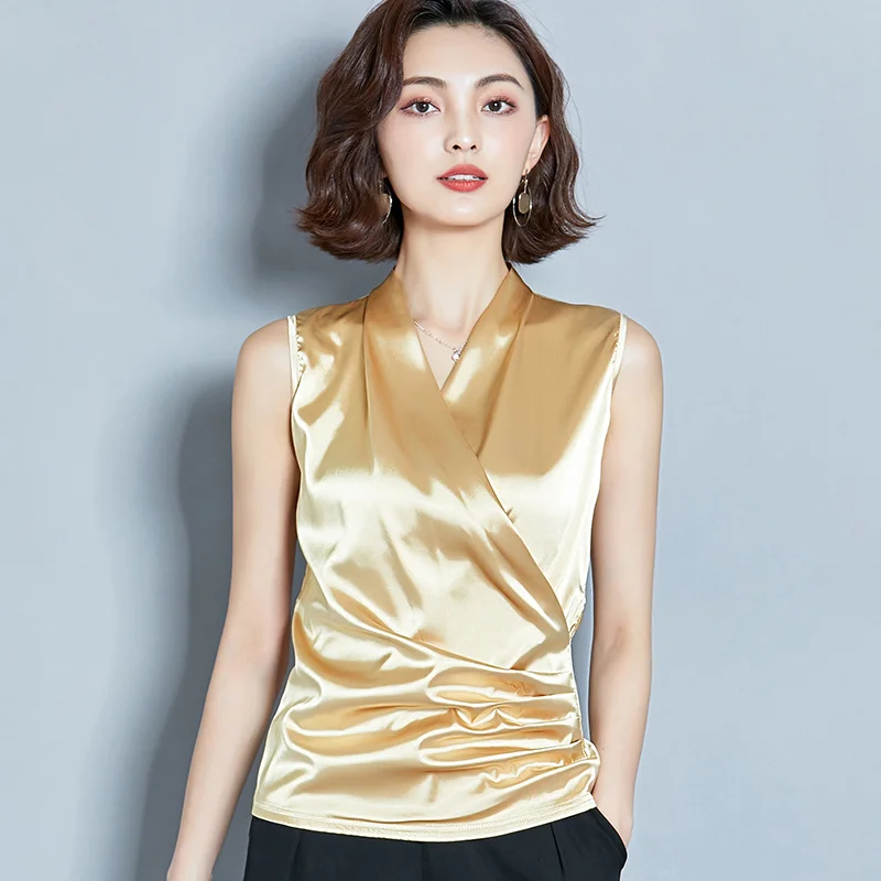 

Korean Fashion Silk Women Blouses Satin Sleeveless Pink Women Shirts Plus Size XXXL Womens Tops and Blouses Ladies Tops