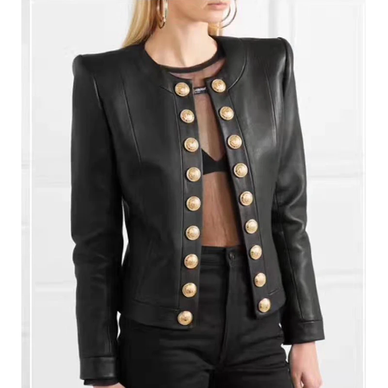 

Black 2021 Women Sheepskin Jacket Gold Button Genuine Leather Jacket Female Sheep Leather Lion Button Short Coat