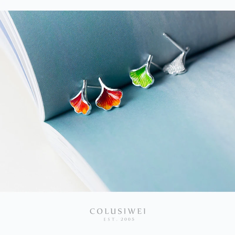 

Colusiwei NEW ARRIVAL Ginkgo Biloba Leaf Stud Earrings for Women Green Red Enamel 925 Sterling Silver Stylish Plant Jewelry
