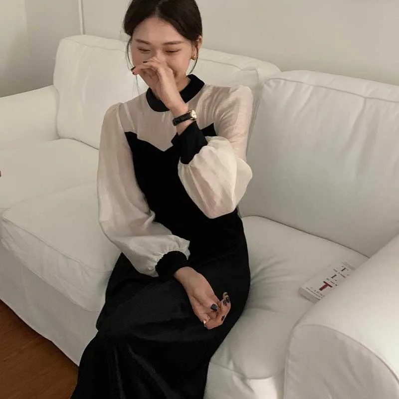 

One Piece Women'S Mesh Stitching Dress Korean Vintage French Elegant Dress 2020 Spring Autumn Women Long Sleeve Dress Midi Dress