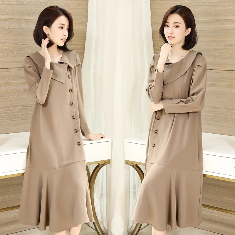 

Solid Color Long Sleeve Fishtail Oversized Plus Large Size Sukienka Vintage Party Women'S Dress For Clothes 2020 Spring A6455