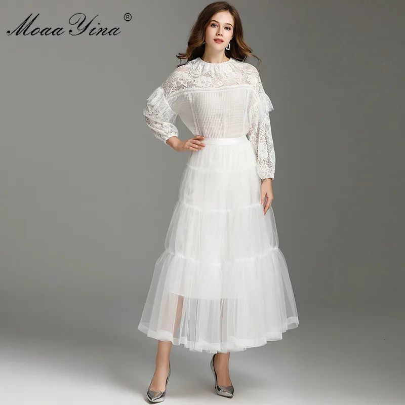 Женский дизайнерский комплект MoaaYina кружевной топ с длинным рукавом и сетчатая