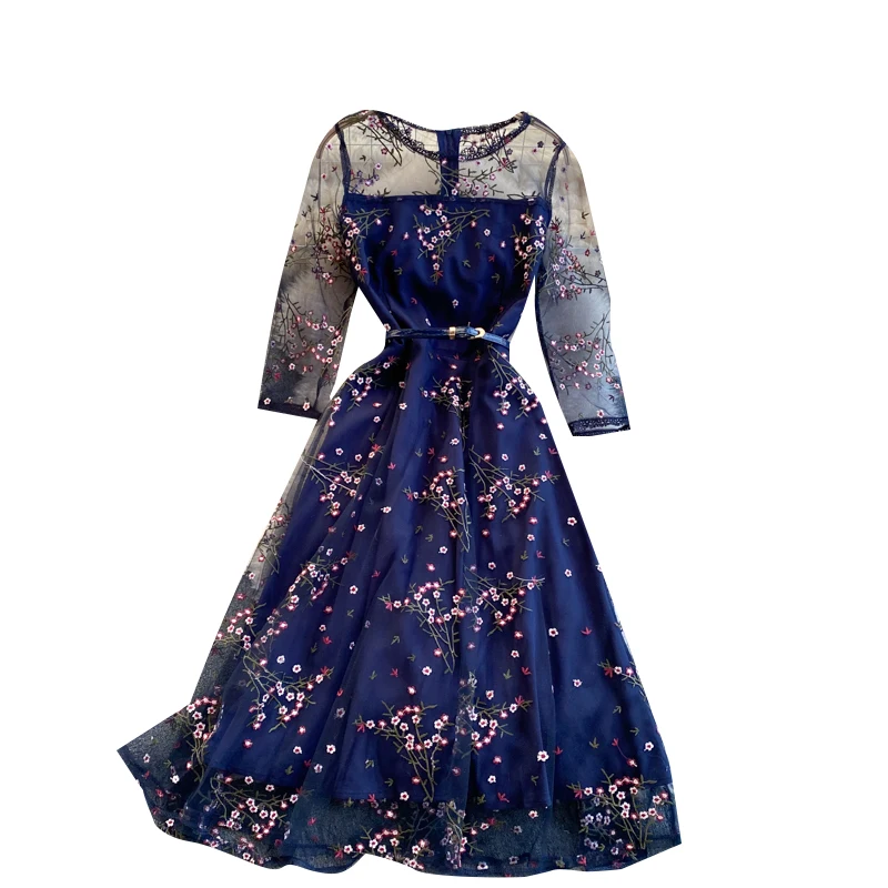 

Women Mesh Embroidery Dress Korean O Neck Long Sleeve A-line Dress Spring 2021 New High Quality Elegant Party Dress
