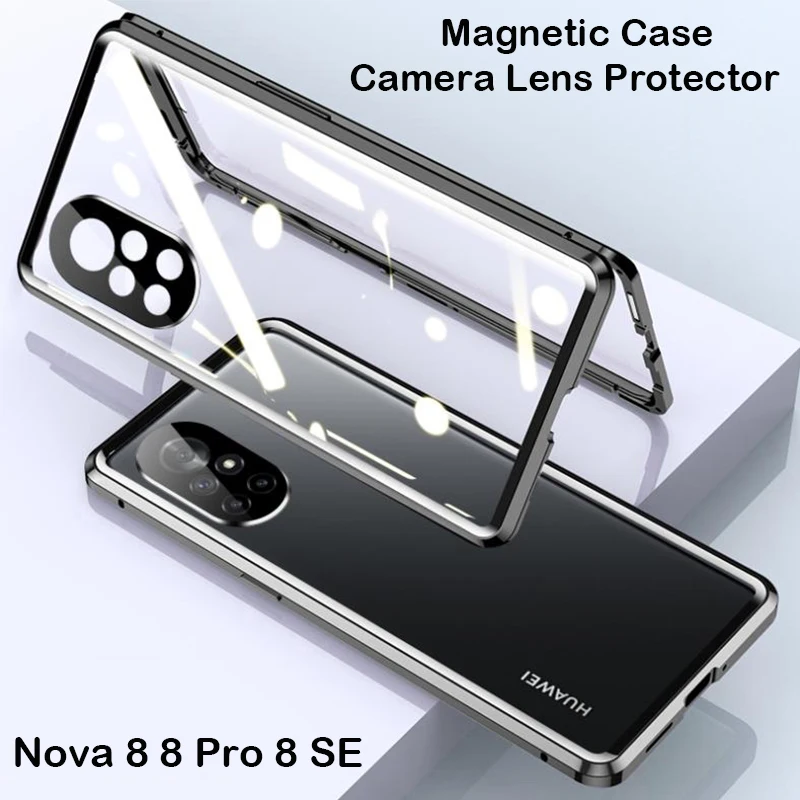 Coque 360 Magnetic Case For Huawei Nova 8 Pro 7 9 SE 10 Honor 80 Mate 50 Metal Bumper Tempered Glass Cover Camera Protector Film