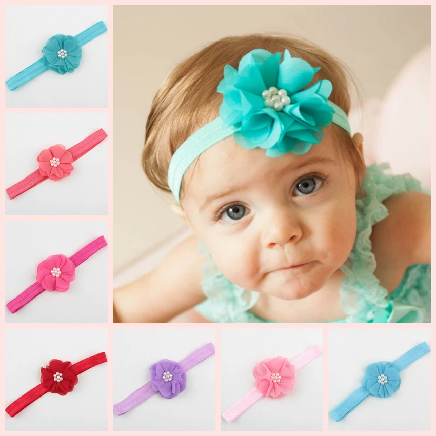 

5pcs/lot Nylon Elastic Hairband Boutique Newborn Baby Girls Pearl Flower Headband Kids Accessories Toddler Birthday Gifts
