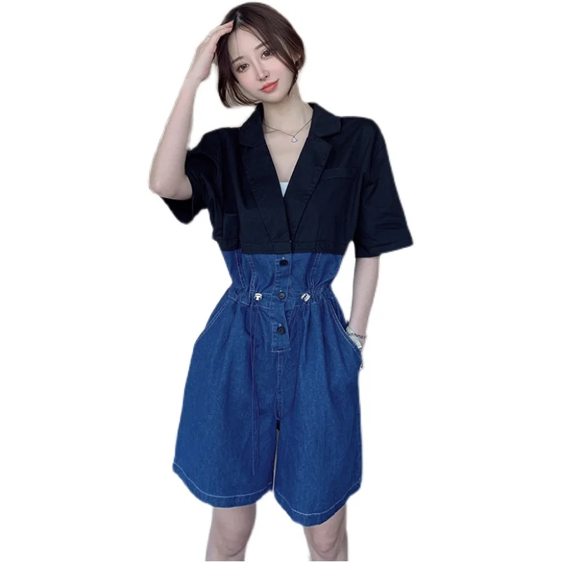 

Women's Summer Patchwork Vintage Lapel Jumpsuit Korean Fashion Elastic High Waist Leisure Trousers Casual Loose Button Romper