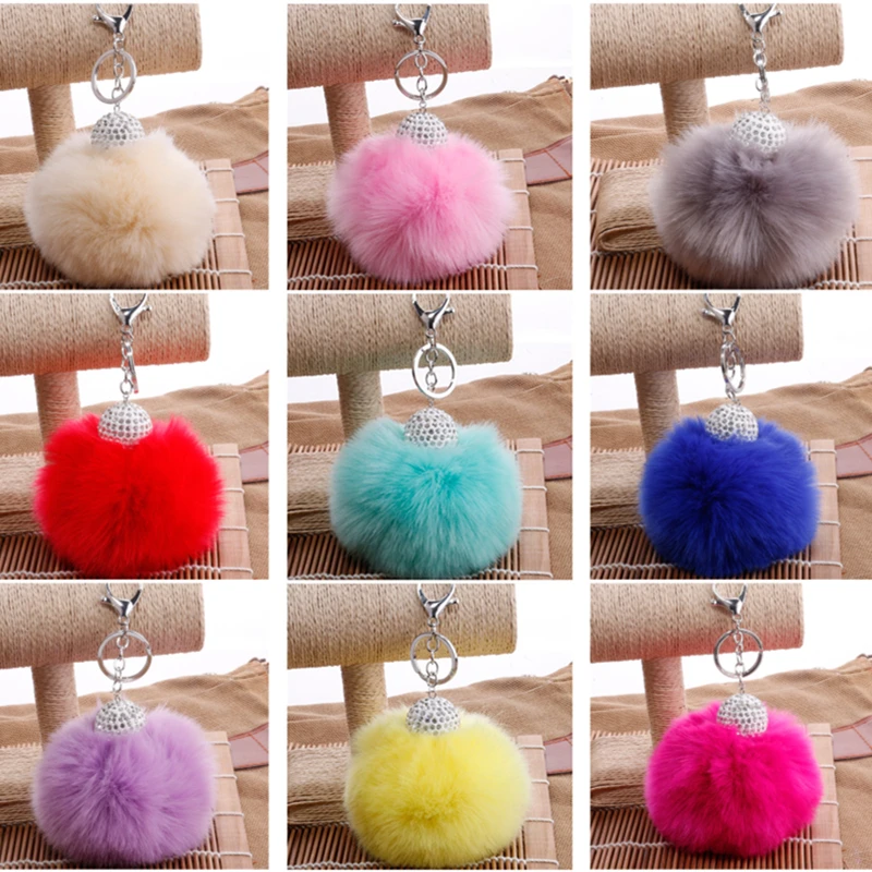 

10pcs/Lot 10CM Fluffy Pompom Keychain Fashion Crystal Ball Fake Rabbit Fur Keyring Bag Car Pendant Key Chain Accessorie Gift
