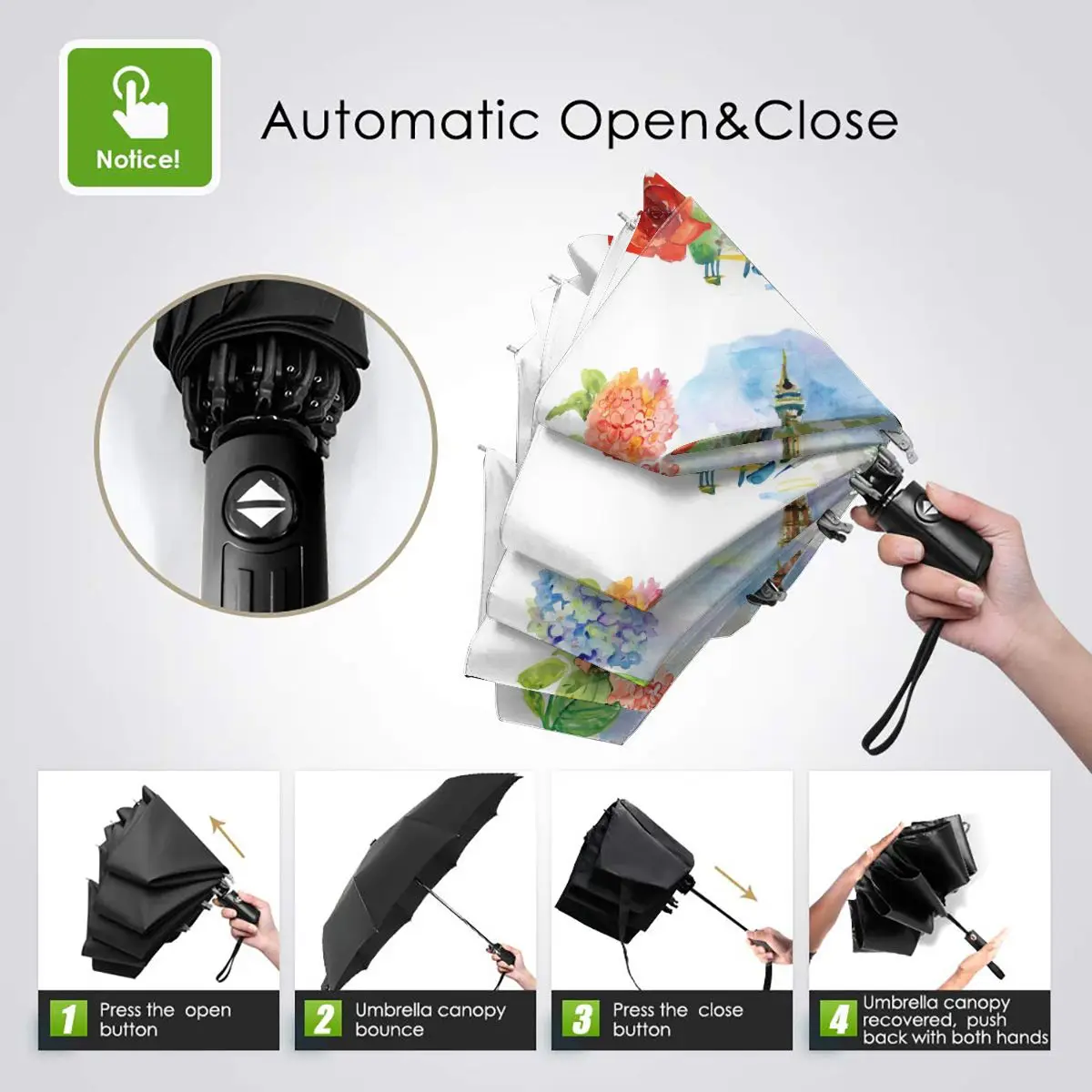 Offerte Ombrello Automatico Pioggia Donna Ombrello A Tre Pieghe Fiori E Torre Eiffel Ombrello Antivento Ombrello Impermeabile Femminile