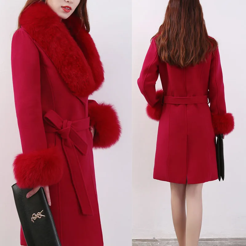 Woman Autumn Winter High Quality Elegant Woolen Coat Female Long Section Slim Belt Large Coat Detachable Fur Collar 