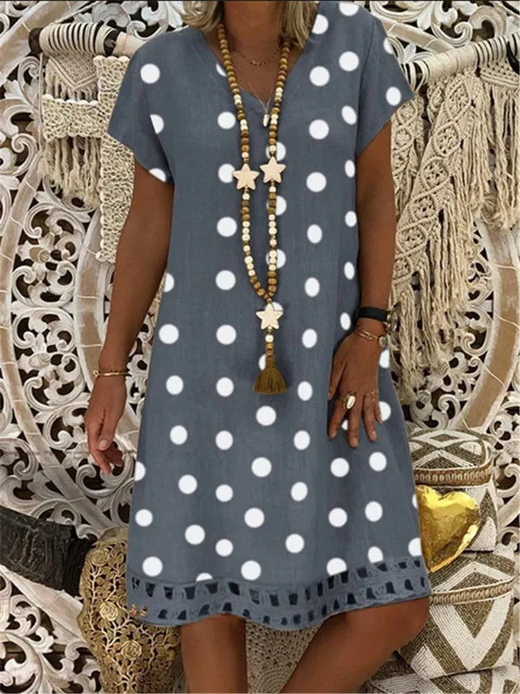 

Summer New Arrival Women V Neck Dot Print Loose Dress Hollow Out Solid Color Mid-length Casual Dress