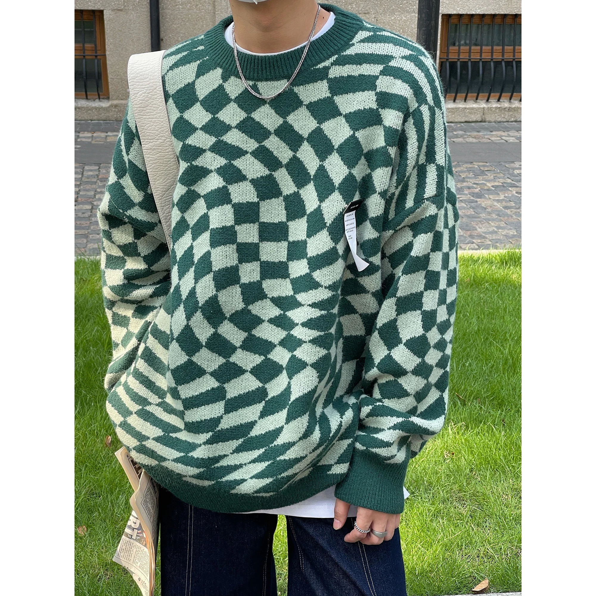 

Осень-зима ретро ромбовидный корейский скрученный клетчатый свитер в клетку Мужской пуловер с круглым вырезом Универсальный свитер