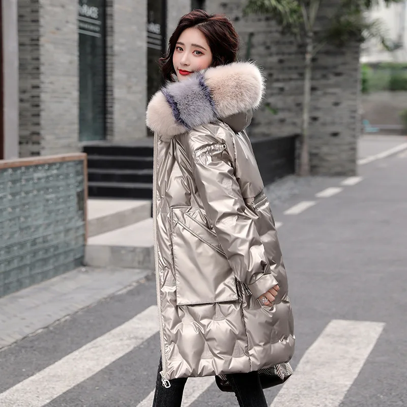 

FNOCE women's down jackets 2020 new street fashion trends solid long sleeve hooded fur warm collar slim thickened women's parka