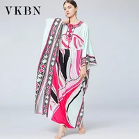 vkbn 2021 summer 50silk dresses for women plus size elastic waist printing o neck fashion women dress up