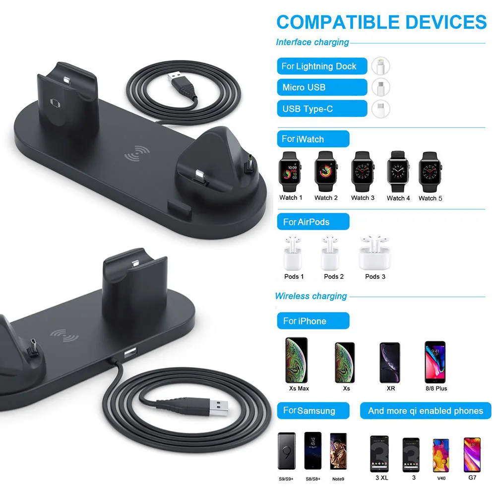 Беспроводная Зарядная Станция 6 в 1 для iPhone Android Type-C USB 10 Вт подставка быстрой