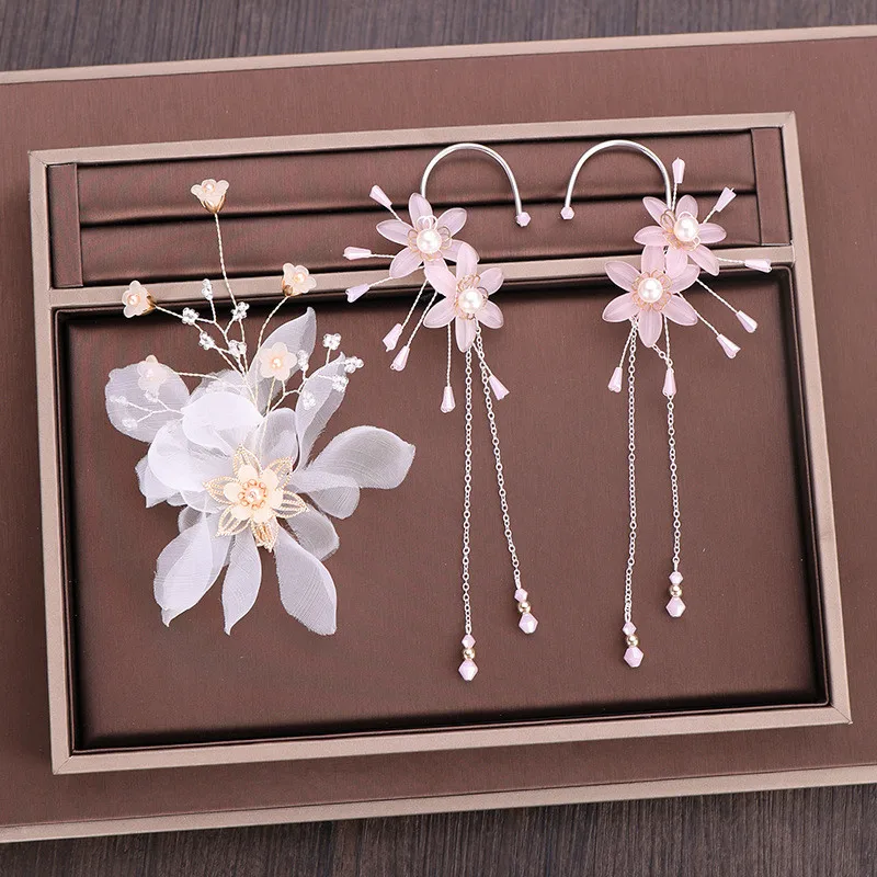 Корейский розовый кружевной цветок жемчуг заколки для волос длинные кисточки