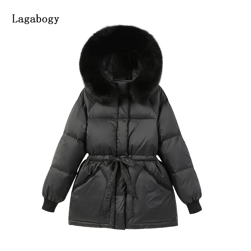 

Lagabogy 2022 Large Faux Fur Collar Women Winter Warm White Duck Down Jacket Female Waterproof Parkas Hooded Waist Puffer Coats