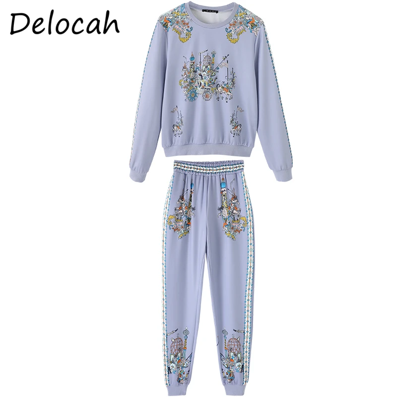 

Delocah Women Summer Fashion DesignerPants Set Long Sleeve Loose Tops + High Waist Printed Lantern Long Pants 2 TwoPiecesSuit