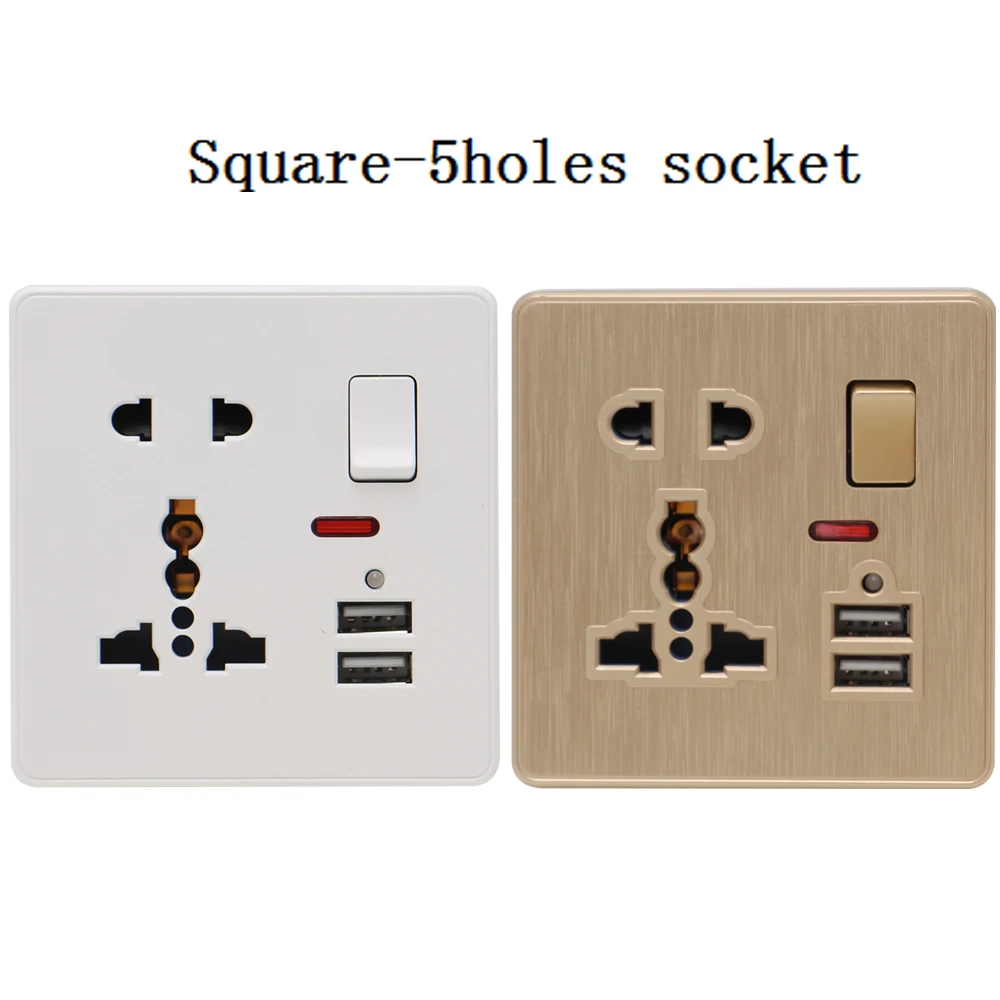 Square-5holes socket 13A универсальная настенная розетка переключатель управления розетка 5 отверстий 2USB умный индукционный порт зарядки для мобильного 5В 2.1A - Тип: Square-5holes socket