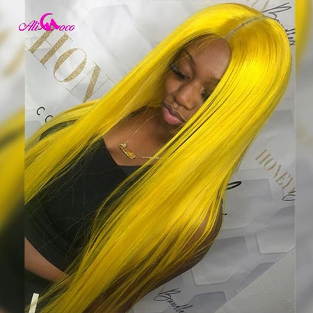 Yellow Ali Coco Colored Wigs 13X4 Straight Light Blue Lace Front Human Hair Wig Orange Straight Hair Wigs Preplucked For Black Women - Цвет: Yellow