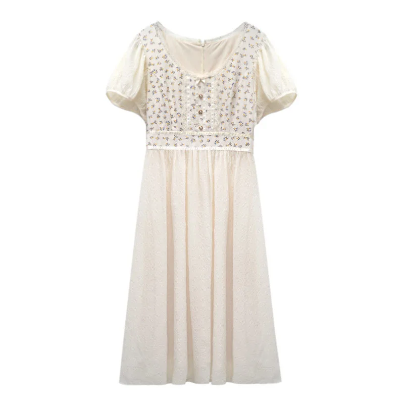 

Korejepo Women Dress 2021 Summer New French Retro Sweet Gentle Floral Stitching O-neck Puff-sleeved Long Dresses Waist Vacation