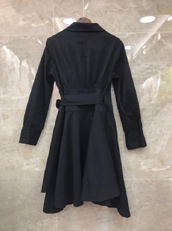 

Dress 2021 100%Cotton Autumn Casual Trench Style Dress High Quality Women Bow Belt Patchwork Long Sleeve White Army Green Dress
