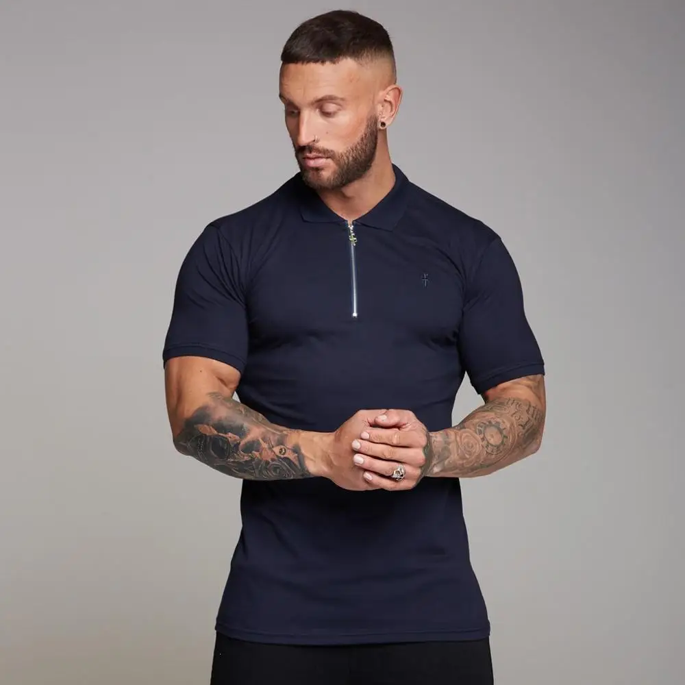 navy blue Мужские фитнес мужские рубашки поло спорт на открытом воздухе с коротким рукавом топы тренажерные залы Фитнес Бодибилдинг модная повседневная одежда на молнии - Цвет: navy blue