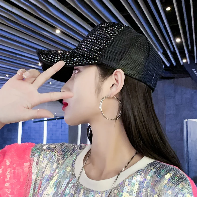 Женская перфорированная Кепка блестящая бейсболка стразы Украшенные шипами