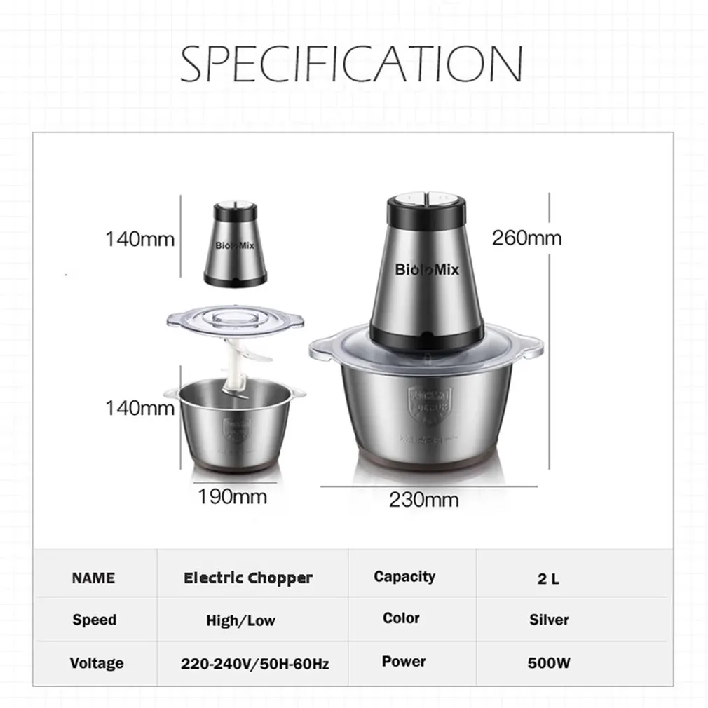 

2 Speeds 500W 2L Large Capacity Chopper Meat Grinder Household Mincer Food Processor With Stainless Steel Bowl