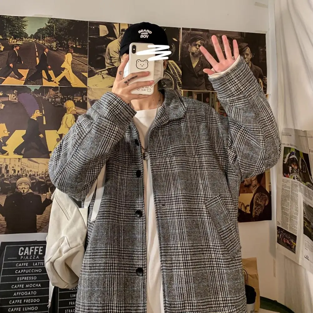 2020 Мужская мода свободного покроя шерстяное пальто решетка ветровка с рисунком