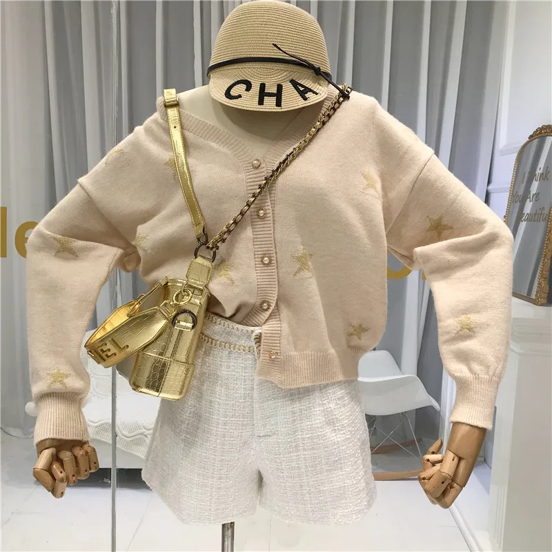 

2019 Fall Star Cardigan Women Black V-Neck High Street Knitted Sweater Women's Sweater with Pattern Female Cardigan Fall