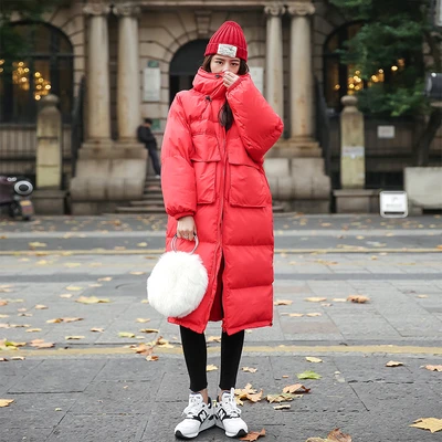 Red ZURICHOUSE Зимний пуховик женский модный стоячий воротник Harajuku стиль длинные парки женское свободное теплое Стеганое пальто - Цвет: Red