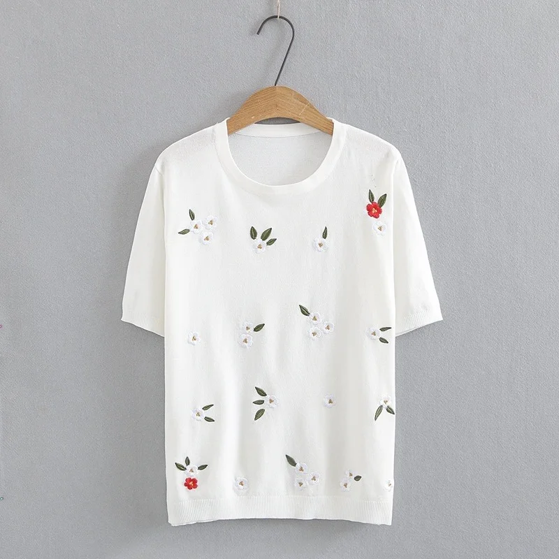 

Plus Size XL-4XL Women's White Black Ice Silk Summer Tshirts Floral Embroidery Vintage Tops Casual Shirts