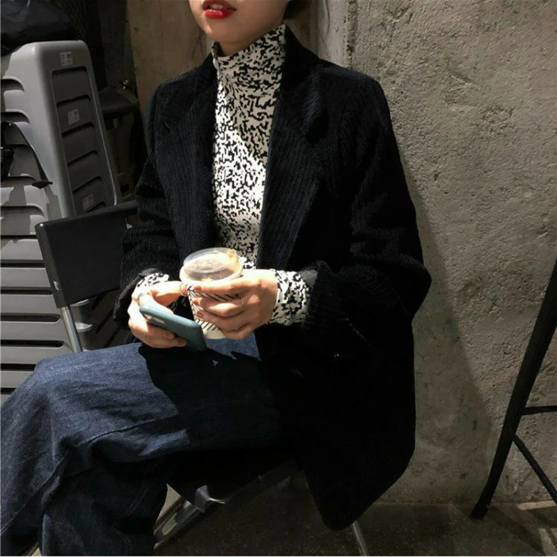 

Blazers Women Corduroy Chic Vintage Harajuku Spring Autumn Leisure All-match Solid Female Notched Outwear Ulzzang Elegant Ins