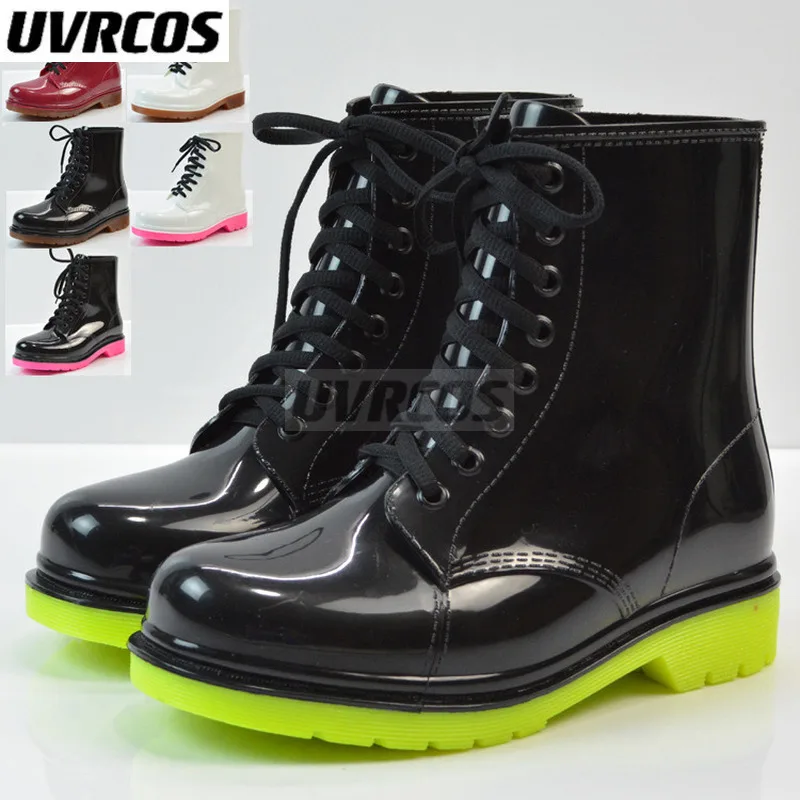 

2022 Ladies Flat-heel Solid Color Rain Boots Martin Rain Boots Water Shoes Lace-up Warmth Calf Rain Boots Platform Shoes