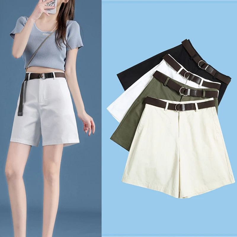 

Cotton Woman Shorts 6 Color Sashes Casual Shorts Women A-line High Waist Slim Short Femme Streetwear Wide Oversize White Shorts