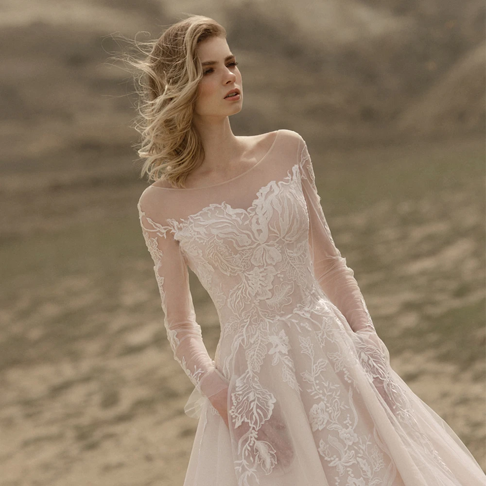 

Elegant Lace Tulle A Line Wedding Dresses 2021 Sheer Scoop Neck Long Sleeve Lace Up Applique Bridal Gown Vestido de Novia