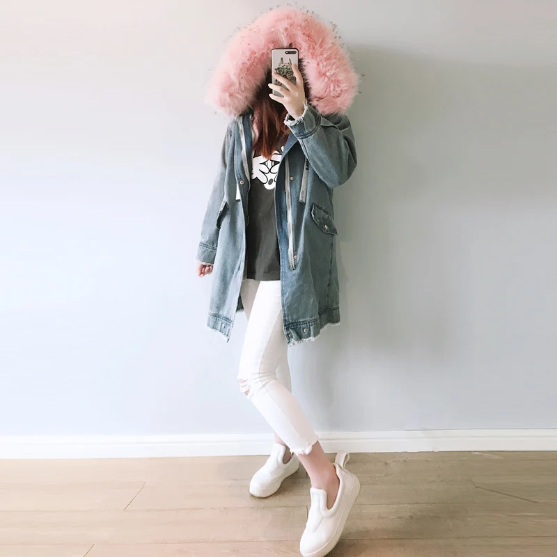 Женская джинсовая парка 2019 с меховым капюшоном флисовая Вельветовая модная