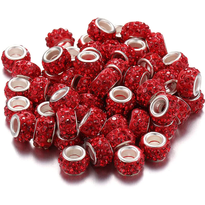 

20Pcs Lot Wholesale 12mm Red White Color Crystal Rhinestone European Beads Charms 5mm Large Hole for Women DIY Bracelet Bangle