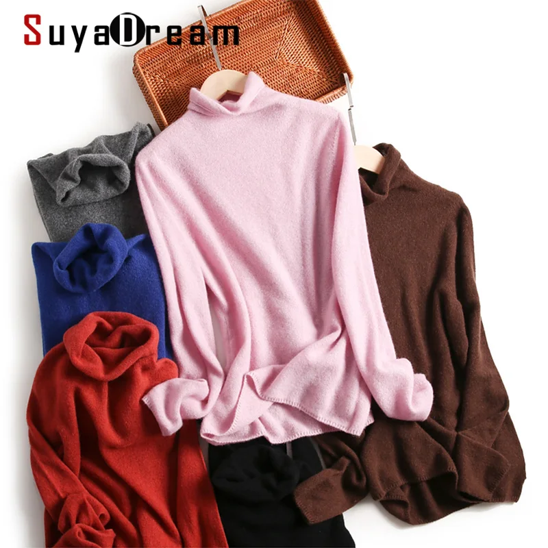 

SuyaDream Woman Wool sweaters 100%Cashmere Solid Turtleneck Pullovers 2020 Fall Winter Warm Pink Plain Knitwear