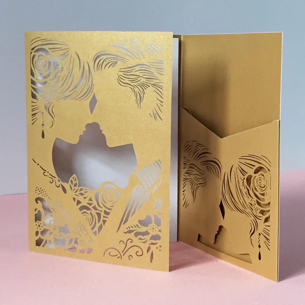 

25pcs Beige/Red Pearl Paper Vine Tri Fold Wedding Invitations Cards Laser Cut Bride&Groom pocket Hollow Carving Greeting Invite