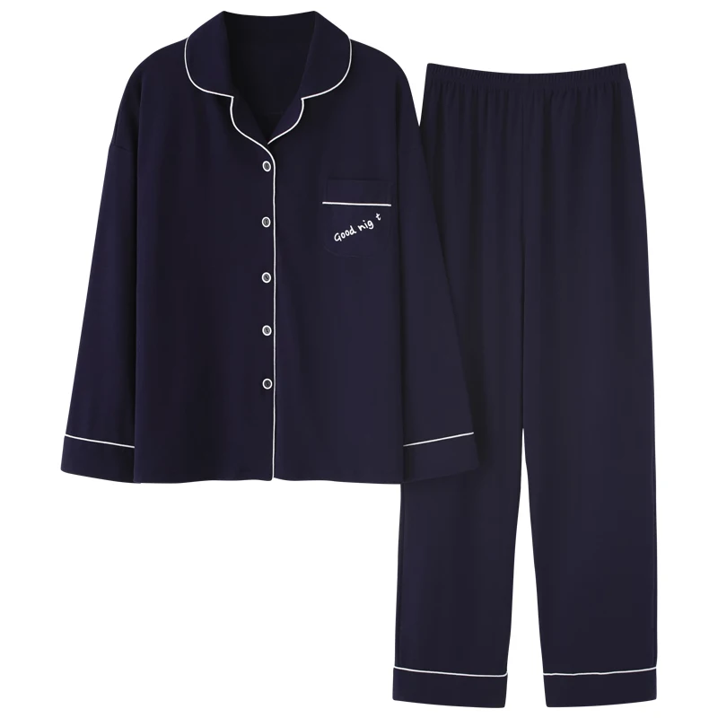 

Long Sleeve Nightwear Loose Plus Size Homewear Sleepwear Winter Womens Cotton Pajamas Set Sexy V-neck Deep Blue Lapel Pajamas