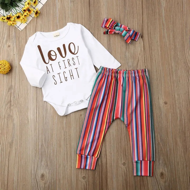 

Letter Print Romper Long Sleeve Tops + Striped Pants + Headband Outfits 3PCS Newborn Baby Toddler Girl Casual Cotton Clothes Set