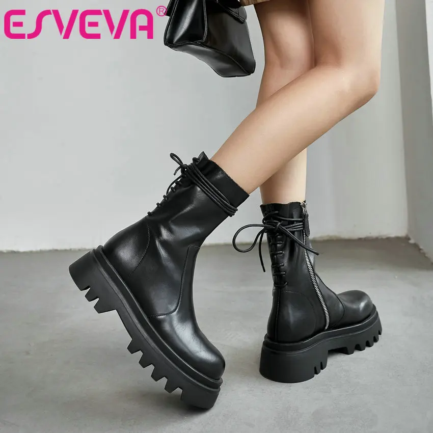 

ESVEVA 2021 Zipper Round Toe Square Med Heel PU+Leather Mid Calf Boots Women Boots Shoes Western Style Black Boots Size 34-40